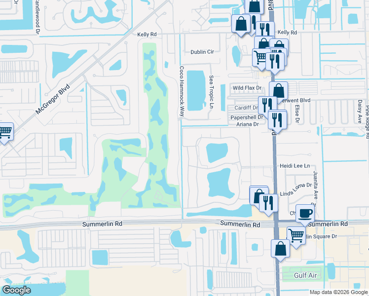 map of restaurants, bars, coffee shops, grocery stores, and more near 16554 Coriander Lane in Fort Myers