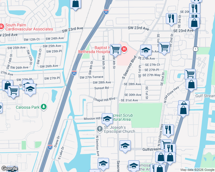 map of restaurants, bars, coffee shops, grocery stores, and more near 611 Southwest 28th Avenue in Boynton Beach