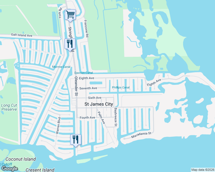 map of restaurants, bars, coffee shops, grocery stores, and more near 2744 Mangrove Street in Saint James City