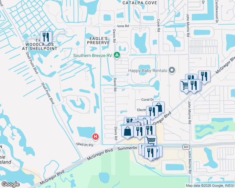 map of restaurants, bars, coffee shops, grocery stores, and more near 13611 Pintail Drive in Fort Myers