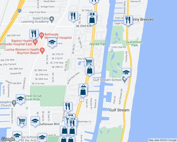 map of restaurants, bars, coffee shops, grocery stores, and more near 2925 South Federal Highway in Boynton Beach