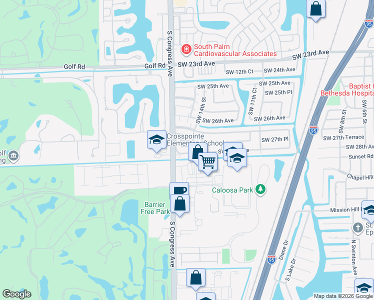 map of restaurants, bars, coffee shops, grocery stores, and more near 1423 Southwest 28th Avenue in Boynton Beach