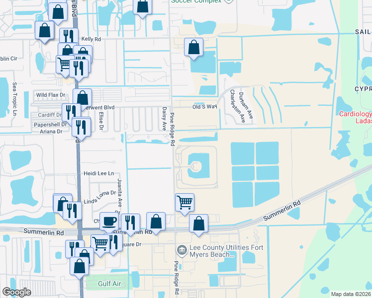 map of restaurants, bars, coffee shops, grocery stores, and more near 16585 Lake Circle Drive in Fort Myers