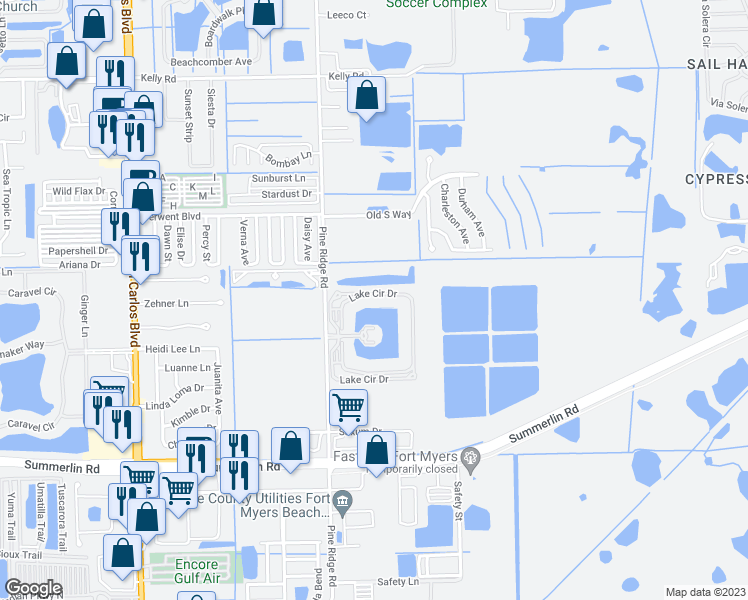 map of restaurants, bars, coffee shops, grocery stores, and more near 16645 Lake Circle Drive in Fort Myers