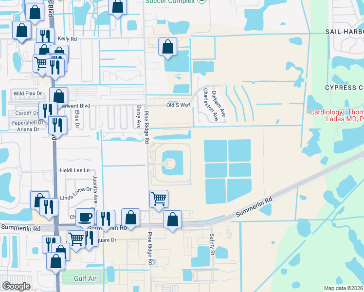 map of restaurants, bars, coffee shops, grocery stores, and more near 16645 Lake Circle Drive in Fort Myers