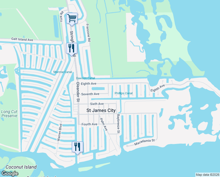 map of restaurants, bars, coffee shops, grocery stores, and more near 2744 Mangrove Street in Saint James City