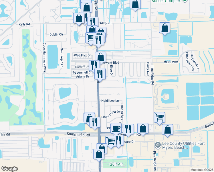 map of restaurants, bars, coffee shops, grocery stores, and more near 11416 Zehner Lane in Fort Myers