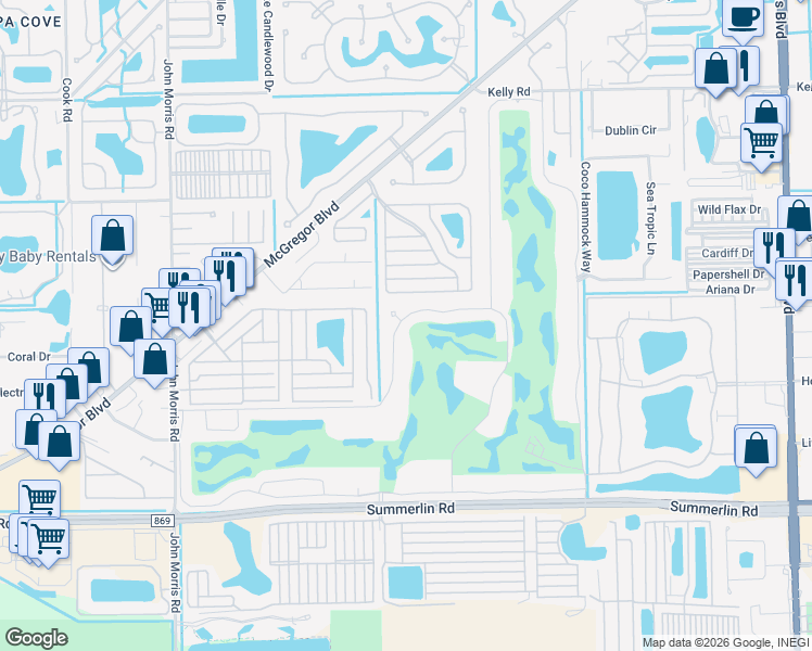 map of restaurants, bars, coffee shops, grocery stores, and more near 12491 Kelly Sands Way in Fort Myers