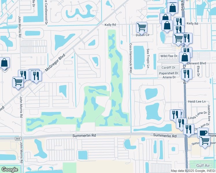 map of restaurants, bars, coffee shops, grocery stores, and more near 1578 Kelly Sands Way in Fort Myers