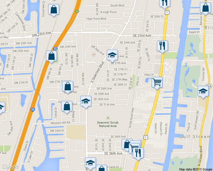 map of restaurants, bars, coffee shops, grocery stores, and more near 2893 Southeast 1st Place in Boynton Beach
