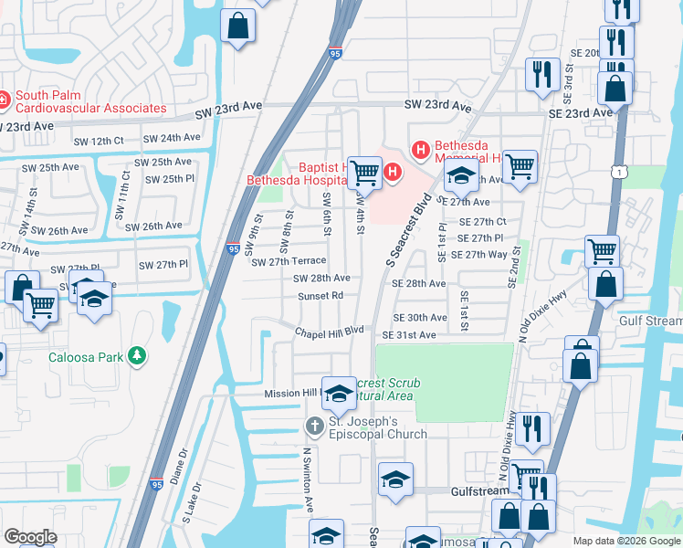 map of restaurants, bars, coffee shops, grocery stores, and more near 611 Southwest 28th Avenue in Boynton Beach