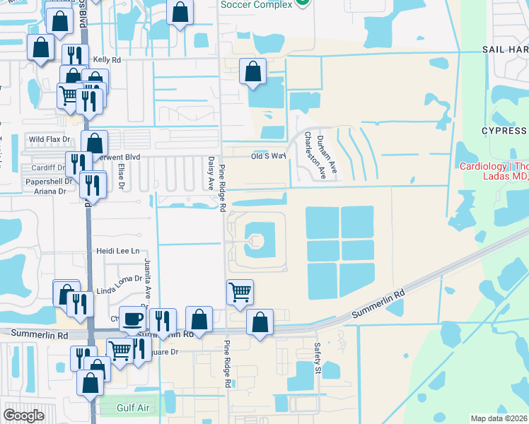 map of restaurants, bars, coffee shops, grocery stores, and more near 16645 Lake Circle Drive in Fort Myers