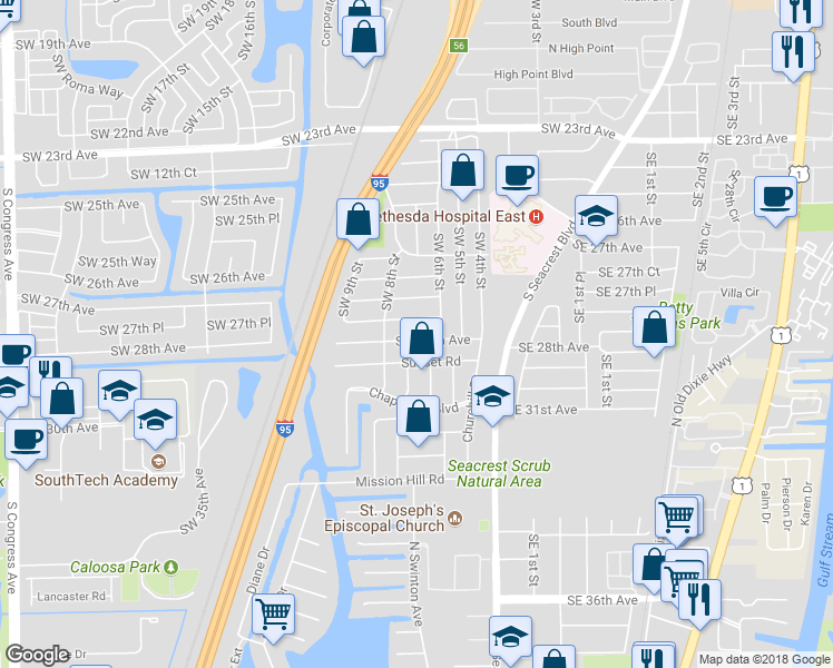map of restaurants, bars, coffee shops, grocery stores, and more near 715 Southwest 28th Avenue in Boynton Beach