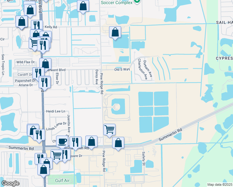 map of restaurants, bars, coffee shops, grocery stores, and more near 16645 Lake Circle Drive in Fort Myers