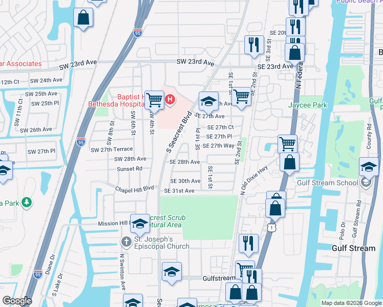 map of restaurants, bars, coffee shops, grocery stores, and more near 2893 Southeast 1st Place in Boynton Beach