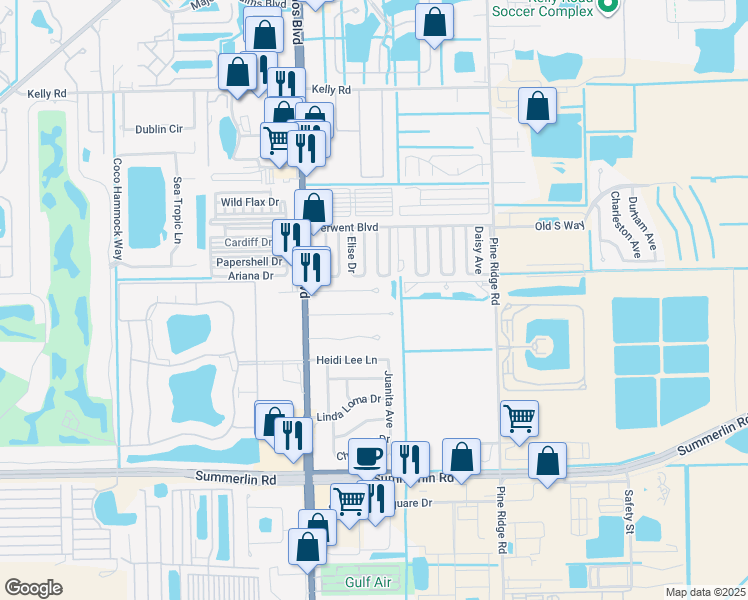 map of restaurants, bars, coffee shops, grocery stores, and more near 11310 Zehner Lane in Fort Myers