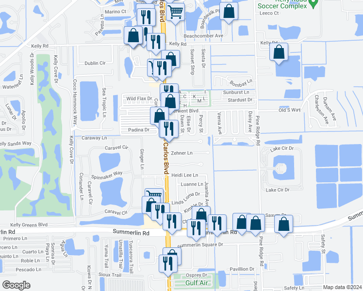 map of restaurants, bars, coffee shops, grocery stores, and more near 11423 Summerwinds Court in Fort Myers