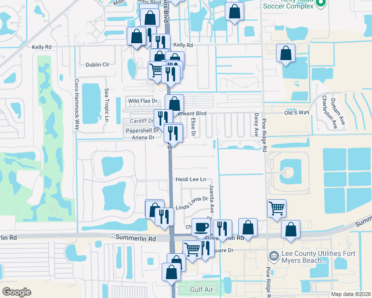 map of restaurants, bars, coffee shops, grocery stores, and more near 11423 Summerwinds Court in Fort Myers