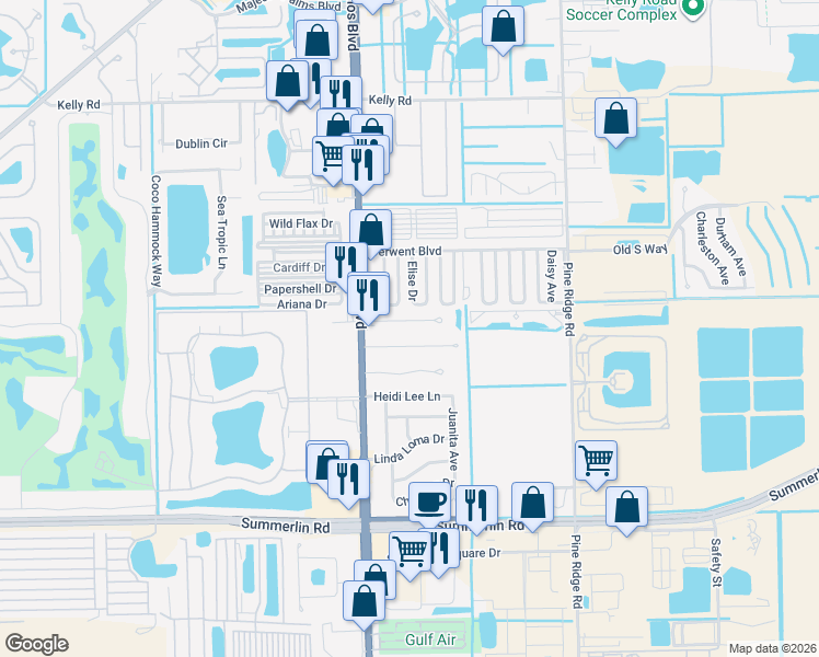 map of restaurants, bars, coffee shops, grocery stores, and more near 11416 Zehner Lane in Fort Myers