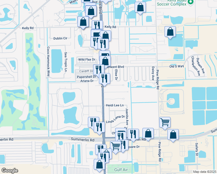 map of restaurants, bars, coffee shops, grocery stores, and more near 11416 Zehner Lane in Fort Myers