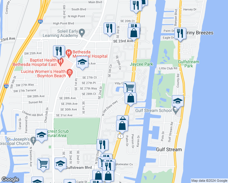 map of restaurants, bars, coffee shops, grocery stores, and more near 824 Villa Circle in Boynton Beach