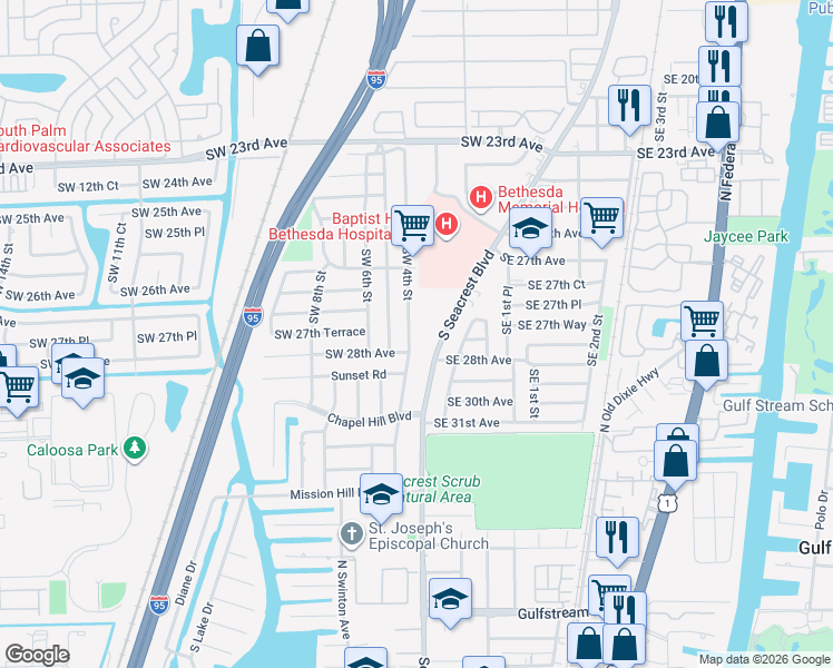 map of restaurants, bars, coffee shops, grocery stores, and more near 2842 Southwest 4th Street in Boynton Beach