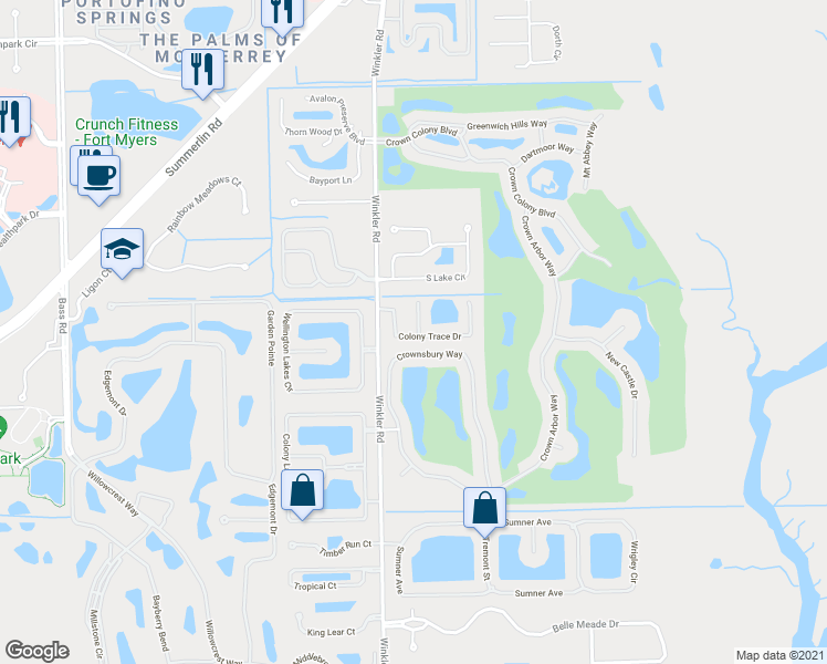 map of restaurants, bars, coffee shops, grocery stores, and more near 16536 Whispering Trace Court in Fort Myers
