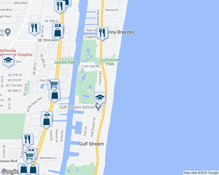 map of restaurants, bars, coffee shops, grocery stores, and more near 3901 North Ocean Boulevard in Delray Beach