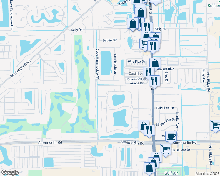 map of restaurants, bars, coffee shops, grocery stores, and more near 11300 Caravel Circle in Fort Myers