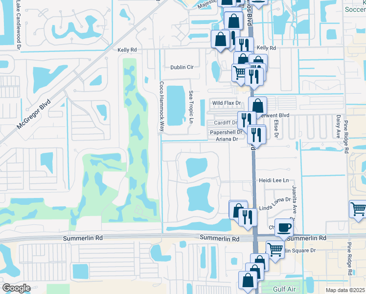 map of restaurants, bars, coffee shops, grocery stores, and more near 11300 Caravel Circle in Fort Myers