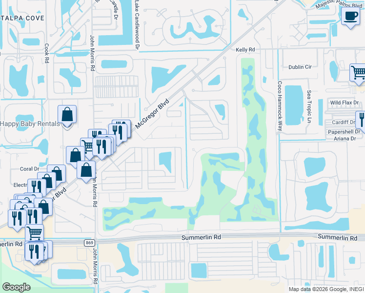 map of restaurants, bars, coffee shops, grocery stores, and more near 16609 Camelia Drive in Fort Myers