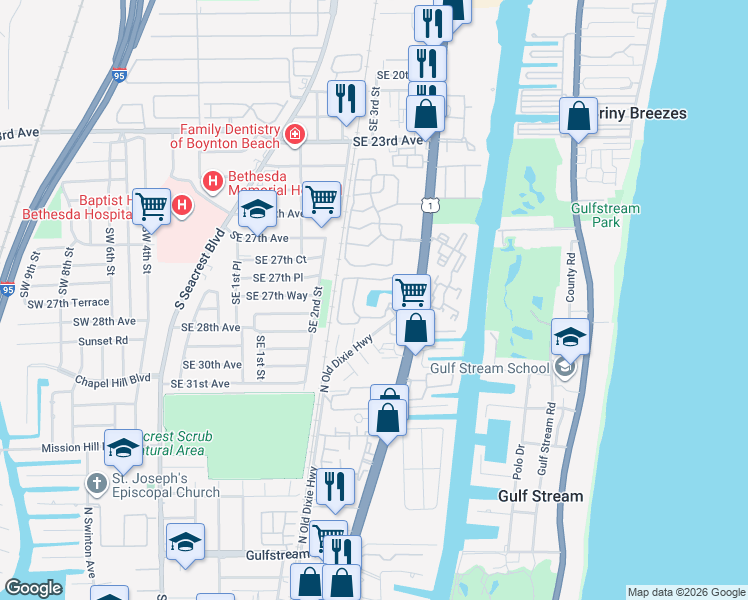 map of restaurants, bars, coffee shops, grocery stores, and more near 824 Villa Circle in Boynton Beach