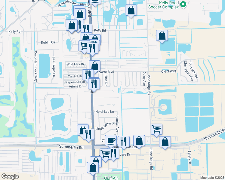 map of restaurants, bars, coffee shops, grocery stores, and more near 11310 Zehner Lane in Fort Myers