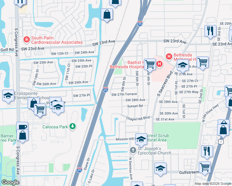 map of restaurants, bars, coffee shops, grocery stores, and more near 909 Southwest 27th Way in Boynton Beach