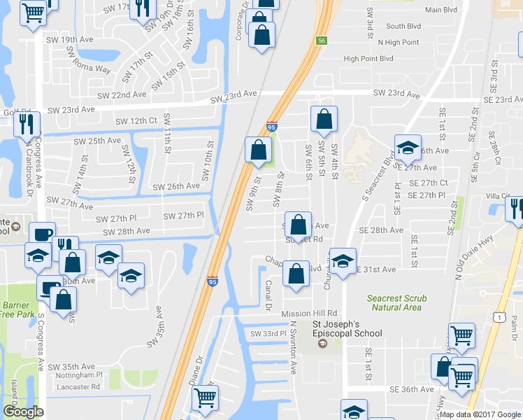 map of restaurants, bars, coffee shops, grocery stores, and more near 911 Southwest 27th Terrace in Boynton Beach