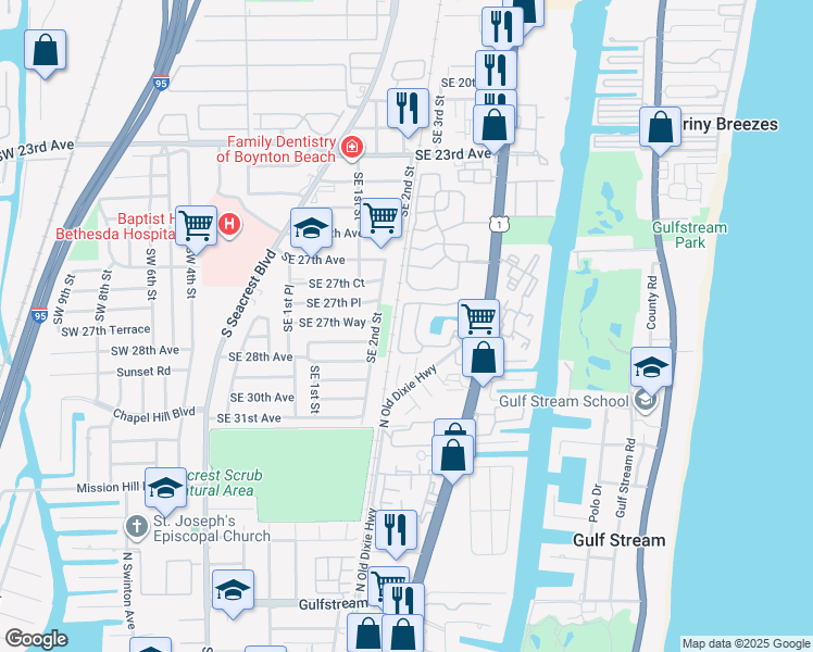 map of restaurants, bars, coffee shops, grocery stores, and more near 2820 Southeast 2nd Street in Boynton Beach