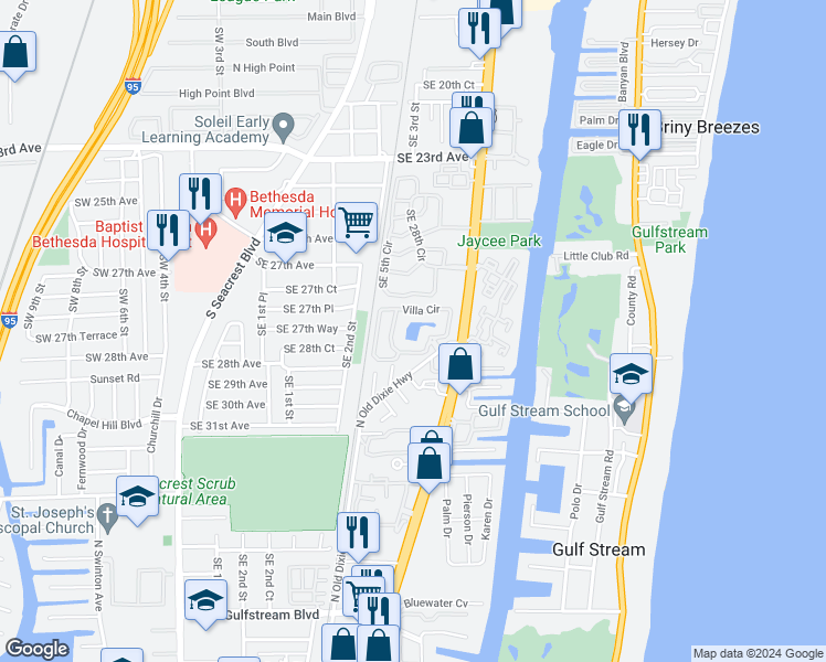 map of restaurants, bars, coffee shops, grocery stores, and more near 516 Villa Circle in Boynton Beach
