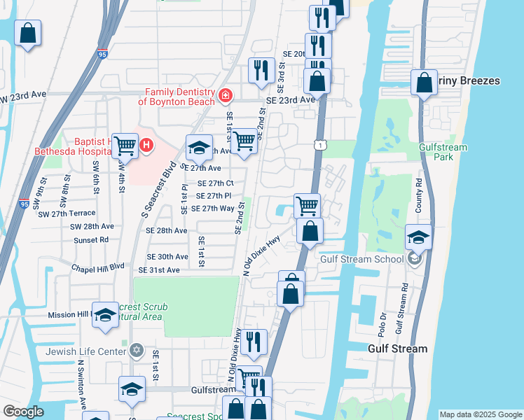 map of restaurants, bars, coffee shops, grocery stores, and more near 2820 Southeast 2nd Street in Boynton Beach