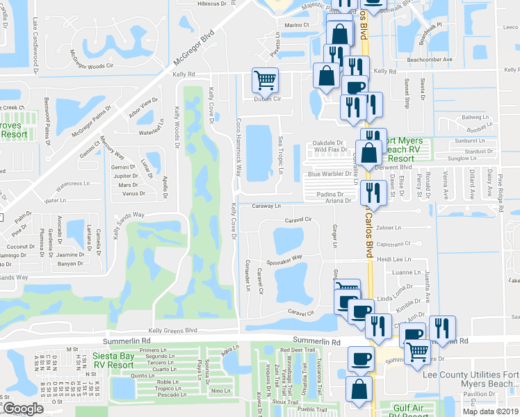 map of restaurants, bars, coffee shops, grocery stores, and more near 16368 Coco Hammock Way in Fort Myers
