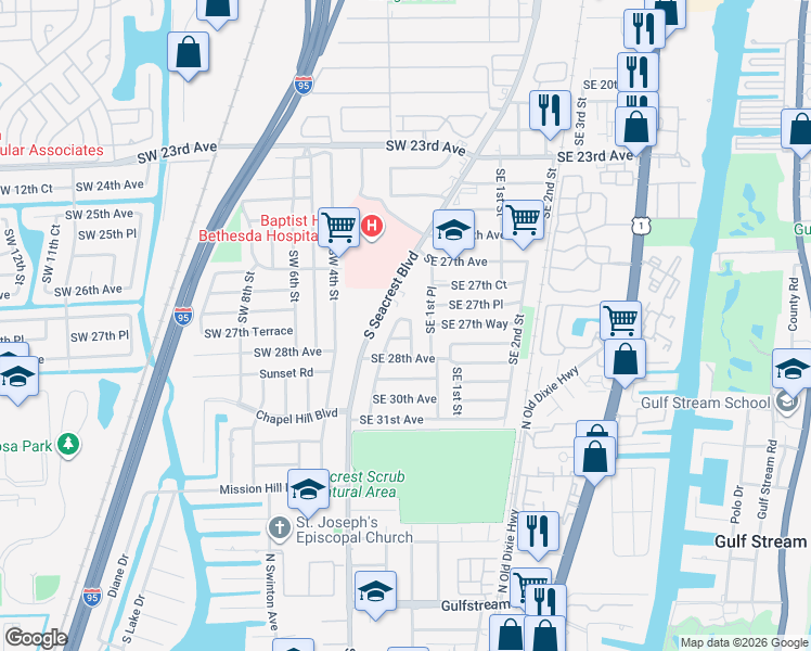 map of restaurants, bars, coffee shops, grocery stores, and more near 2865 Southeast 1st Place in Boynton Beach
