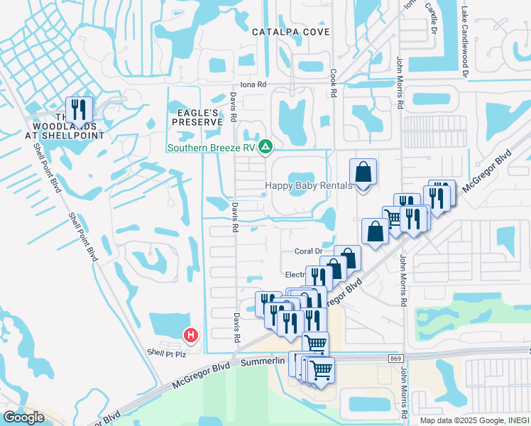 map of restaurants, bars, coffee shops, grocery stores, and more near 13502 Siesta Pines Court in Fort Myers