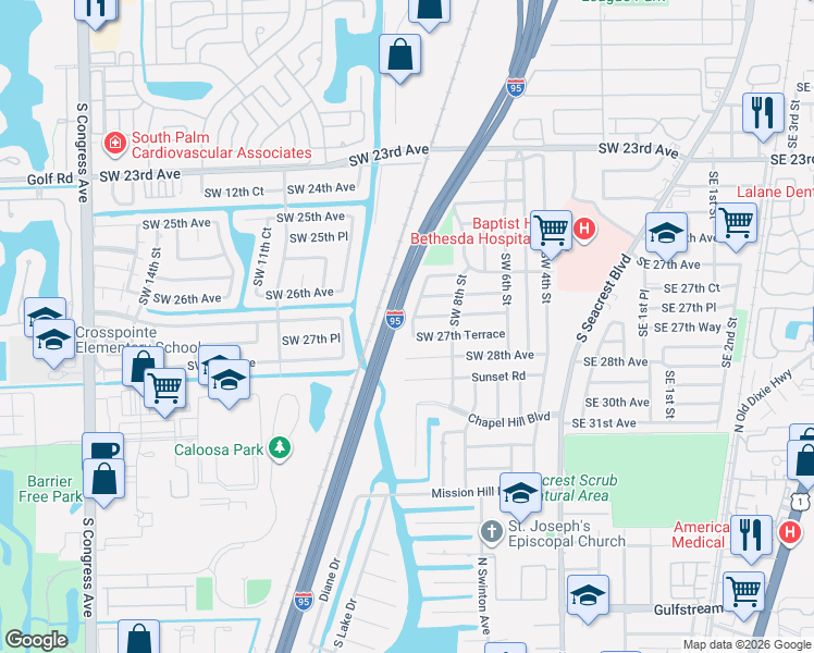 map of restaurants, bars, coffee shops, grocery stores, and more near 2861 Southwest 9th Street in Boynton Beach