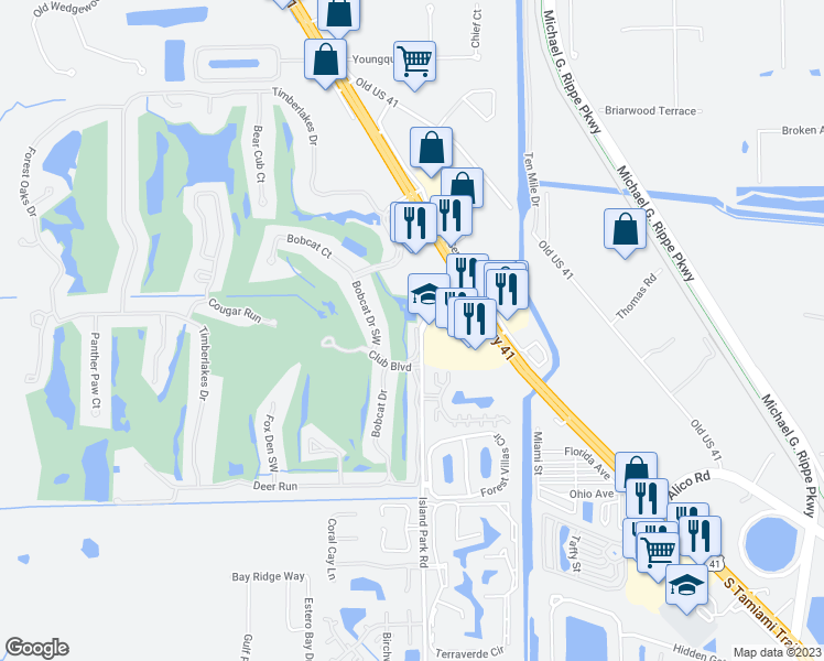 map of restaurants, bars, coffee shops, grocery stores, and more near 16684 Bobcat Drive in Fort Myers