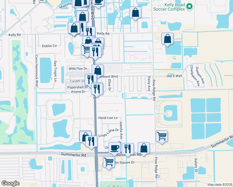 map of restaurants, bars, coffee shops, grocery stores, and more near 59 Percy Street in Fort Myers