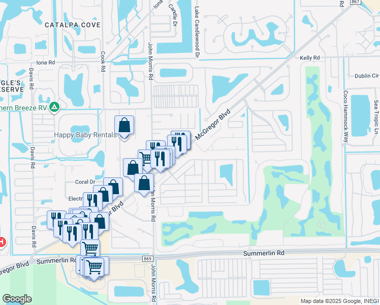 map of restaurants, bars, coffee shops, grocery stores, and more near 16631 McGregor Boulevard in Fort Myers