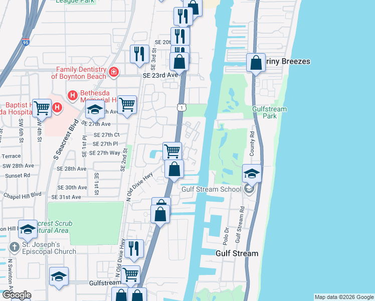 map of restaurants, bars, coffee shops, grocery stores, and more near 11 Colonial Club Drive in Boynton Beach
