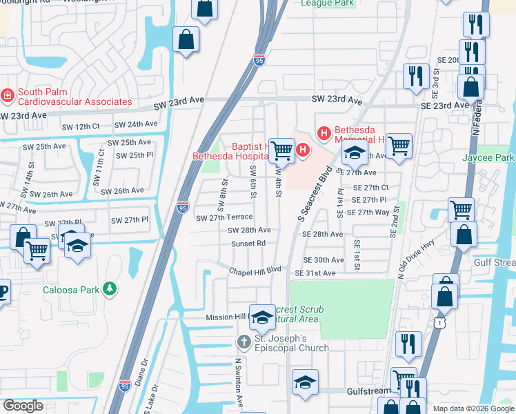 map of restaurants, bars, coffee shops, grocery stores, and more near 2830 Southwest 6th Street in Boynton Beach