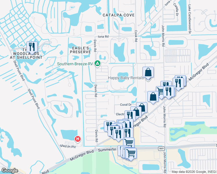 map of restaurants, bars, coffee shops, grocery stores, and more near 13502 Siesta Pines Court in Fort Myers