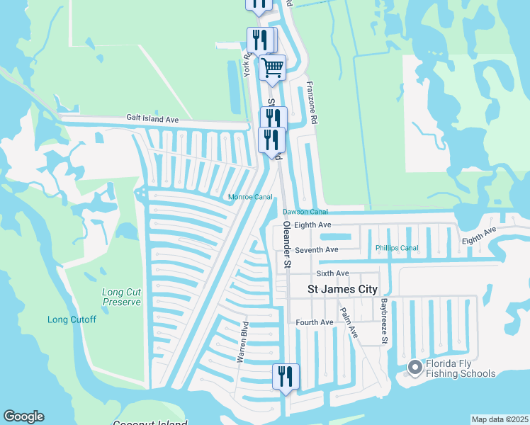 map of restaurants, bars, coffee shops, grocery stores, and more near 2892 Sanibel Boulevard in Saint James City