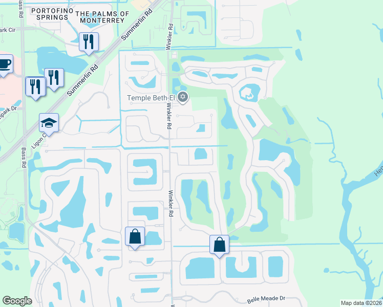 map of restaurants, bars, coffee shops, grocery stores, and more near 16507 Whispering Trace Court in Fort Myers